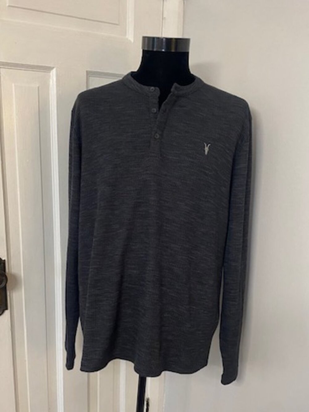 All Saints Waffle Henley Long sleeve XL Mens Grey